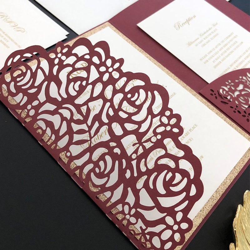 Romantic Burgundy Floral Monogram Laser Cut Wedding Invites SWWS265