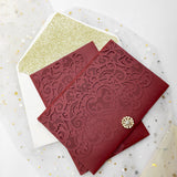 Burgundy Shimmer Laser Cut Pocket Wedding Invite with Rose Gold Glitter and Buckle CILA005