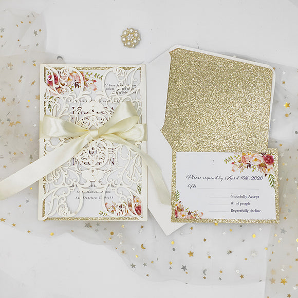 Elegant  Ivory Shimmer Laser Cut Wedding Invite with Ribbon and Champagne Gold Glitte CILA045