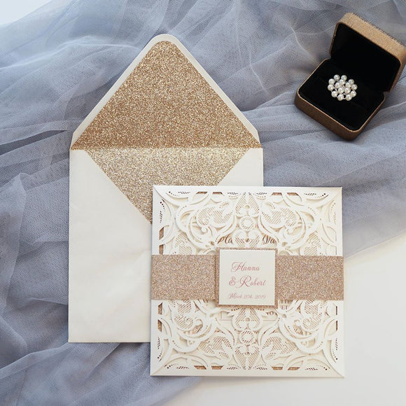 Modern Ivory Shimmer Laser Cut Wedding Invite with Rose Gold Glitter and Glittery Envelope CILA033