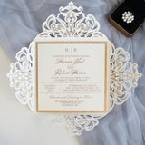 Modern Ivory Shimmer Laser Cut Wedding Invite with Rose Gold Glitter and Glittery Envelope CILA033