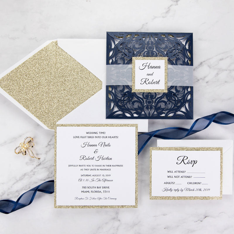 Navy Blue Champagne Glitter Laser Cut Wedding Invitation Cards