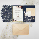 Navy blue Shimmer Laser Cut Wedding Invite with Floral Insert and Champagne Gold Glitter CILA042