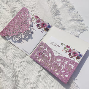 Glamorous invitation, pink purple laser cut pocket invitation  CIA077