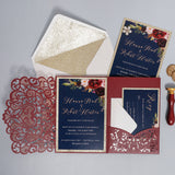 Burgundy Shimmer Laser Cut Pocket Wedding Invite with Champagne Gold Glitter CILA051