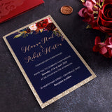 Burgundy Shimmer Laser Cut Pocket Wedding Invite with Champagne Gold Glitter CILA051
