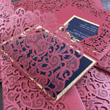 Burgundy Shimmer Laser Cut Pocket Wedding Invite with Champagne Gold Glitter CILA051