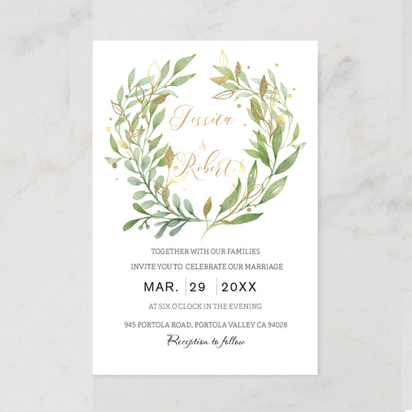 Chic Airy Greenery Leaf Gold Wedding Invitation CIA017