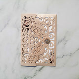 Blush Shimmer Laser Cut Wedding Invite with Floral Insert and Crystal CILA026