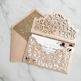 Blush Shimmer Laser Cut Wedding Invite with Floral Insert and Crystal CILA026