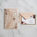 Blush Shimmer Laser Cut Wedding Invite with Floral Insert and Crystal CILA026