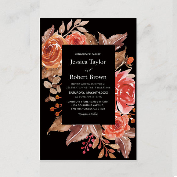 Elegant Black Watercolor Floral Wedding All In One Invitation CIA027