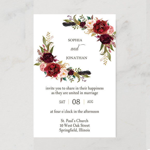 Elegant Burgundy Blush Pink Floral Wedding Invitation CIA032