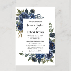 Elegant Navy Blue Floral Wedding Invitation CIA024