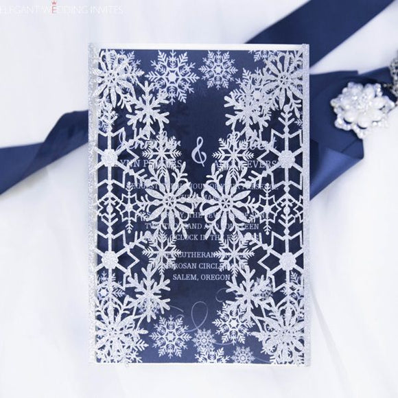 Silver Glittery Laser Cut Wedding Invite with Snowflake Insert CILA024
