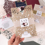 Sparkling Rose Gold Glittery Laser Cut Wedding Invite with Floral Insert CILA043