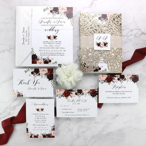 Sparkling Rose Gold Glittery Laser Cut Wedding Invite with Floral Insert CILA043