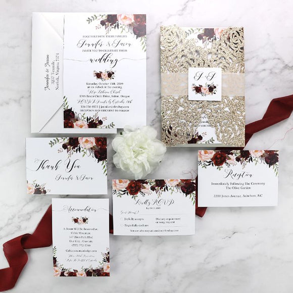 Sparkling Rose Gold Glittery Laser Cut Wedding Invite with Floral Insert CILA043