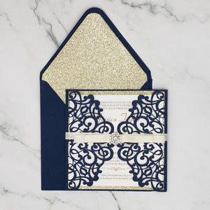 Navy blue Laser Cut Wedding Invite with Champagne Gold Glitter and Ribbon and Buckle CILA034
