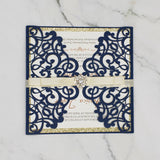 Navy blue Laser Cut Wedding Invite with Champagne Gold Glitter and Ribbon and Buckle CILA034