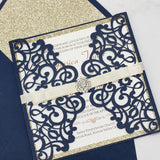 Navy blue Laser Cut Wedding Invite with Champagne Gold Glitter and Ribbon and Buckle CILA034