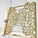 Luxury Champagne Gold Glittery Laser Cut Wedding Invite with Ribbon and Buckle CILA035