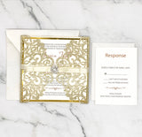Luxury Champagne Gold Glittery Laser Cut Wedding Invite with Ribbon and Buckle CILA035