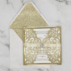 Luxury Champagne Gold Glittery Laser Cut Wedding Invite with Ribbon and Buckle CILA035