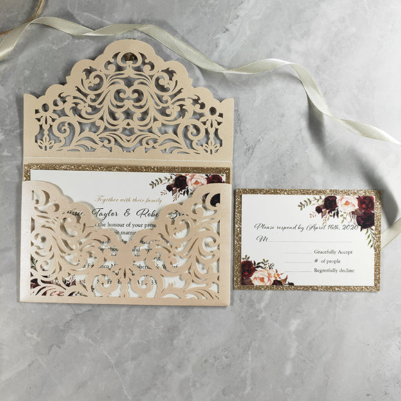 Blush Shimmer Laser Cut Wedding Invite with Floral Insert and Crystal CILA026