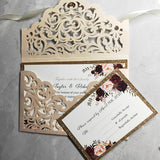 Blush Shimmer Laser Cut Wedding Invite with Floral Insert and Crystal CILA026