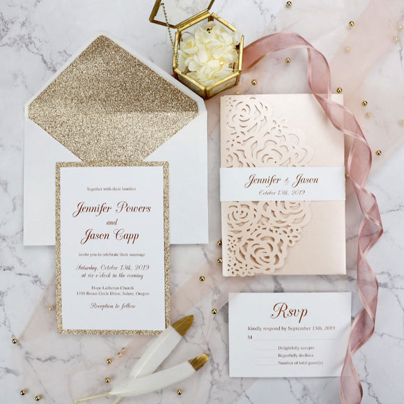 Blush Shimmer  Laser Cut Wrap With Rose Gold Glitter Wedding Invitation CILA062