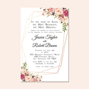 Blush Burgundy Floral Modern Gold Frame Wedding Invitation CIA007