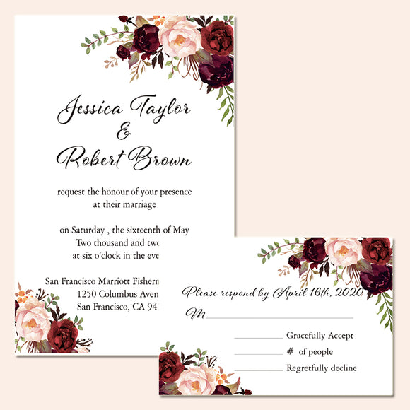 Blush Burgundy Floral Rustic Boho Wedding Invitation CIA003 – Charm Invites
