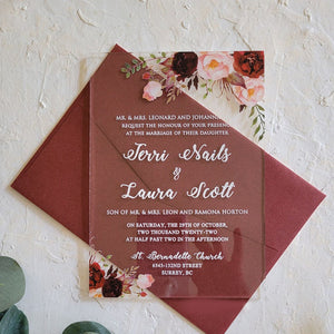Romantic Floral Burgundy Frosted Acrylic Invitation – The Wedding Emporium