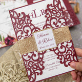 Elegant Burgundy Shimmer Laser Cut Wedding Invite with Rose Gold Glitter CILA058