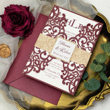 Elegant Burgundy Shimmer Laser Cut Wedding Invite with Rose Gold Glitter CILA058