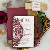 Elegant Burgundy Shimmer Laser Cut Wedding Invite with Rose Gold Glitter CILA058