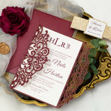 Elegant Burgundy Shimmer Laser Cut Wedding Invite with Rose Gold Glitter CILA058