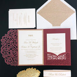 Burgundy Shimmer Laser Cut Wedding Invite with Rose Gold Glitter CILA065