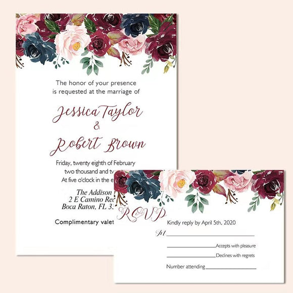 Burgundy and Navy Floral  Watercolor Wedding Invitation CIA012