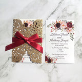 Rose Gold Glittery Wedding Invite with Floral Insert and Burgundy Ribbon CILA002
