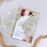 Classic Champagne Gold Glittery Laser Cut Wedding Invite with Floral Insert and Glittery Envelope CILA032