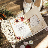 Ivory Shimmer Laser Cut Pocket Wedding Invite with Floral Insert and Rose Gold Glitter CILA015