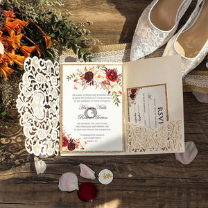 Ivory Shimmer Laser Cut Pocket Wedding Invite with Floral Insert and Rose Gold Glitter CILA015