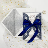 Classic Navy Blue Laser Cut Wedding Invite Perfectly Matched with Royalblue Ribbon CILA039