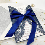 Classic Navy Blue Laser Cut Wedding Invite Perfectly Matched with Royalblue Ribbon CILA039