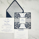 Classic Navy blue Shimmer Laser Cut Wedding Invite with Sliver Glitter and Glittery Envelope CILA018