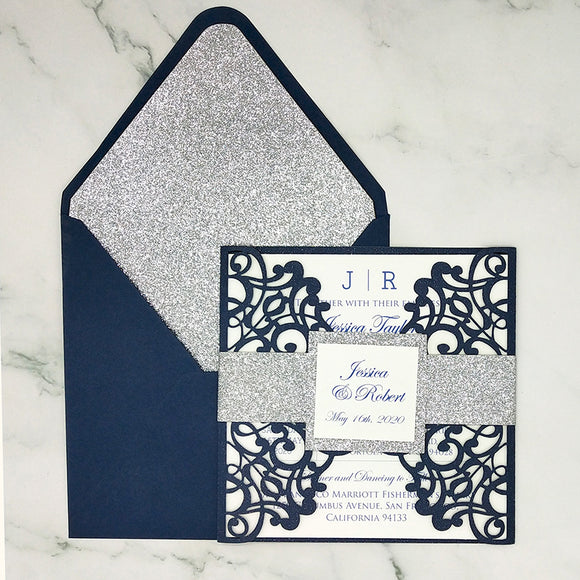 Classic Navy blue Shimmer Laser Cut Wedding Invite with Sliver Glitter and Glittery Envelope CILA018