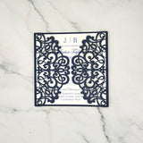 Classic Navy blue Shimmer Laser Cut Wedding Invite with Sliver Glitter and Glittery Envelope CILA018