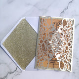 Delicate Ivory Laser Cut Wedding Invite with Champagne Gold Glitter and Glittery Envelope CILA025